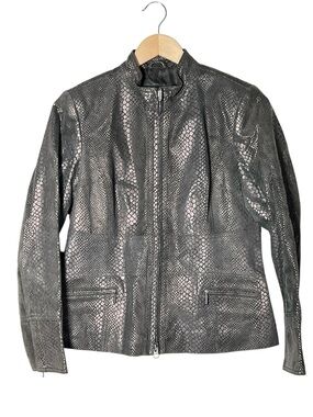 Alfani Metallic Brown Leather Snake-Embossed Zip Front Women's Jacket sz SP B120